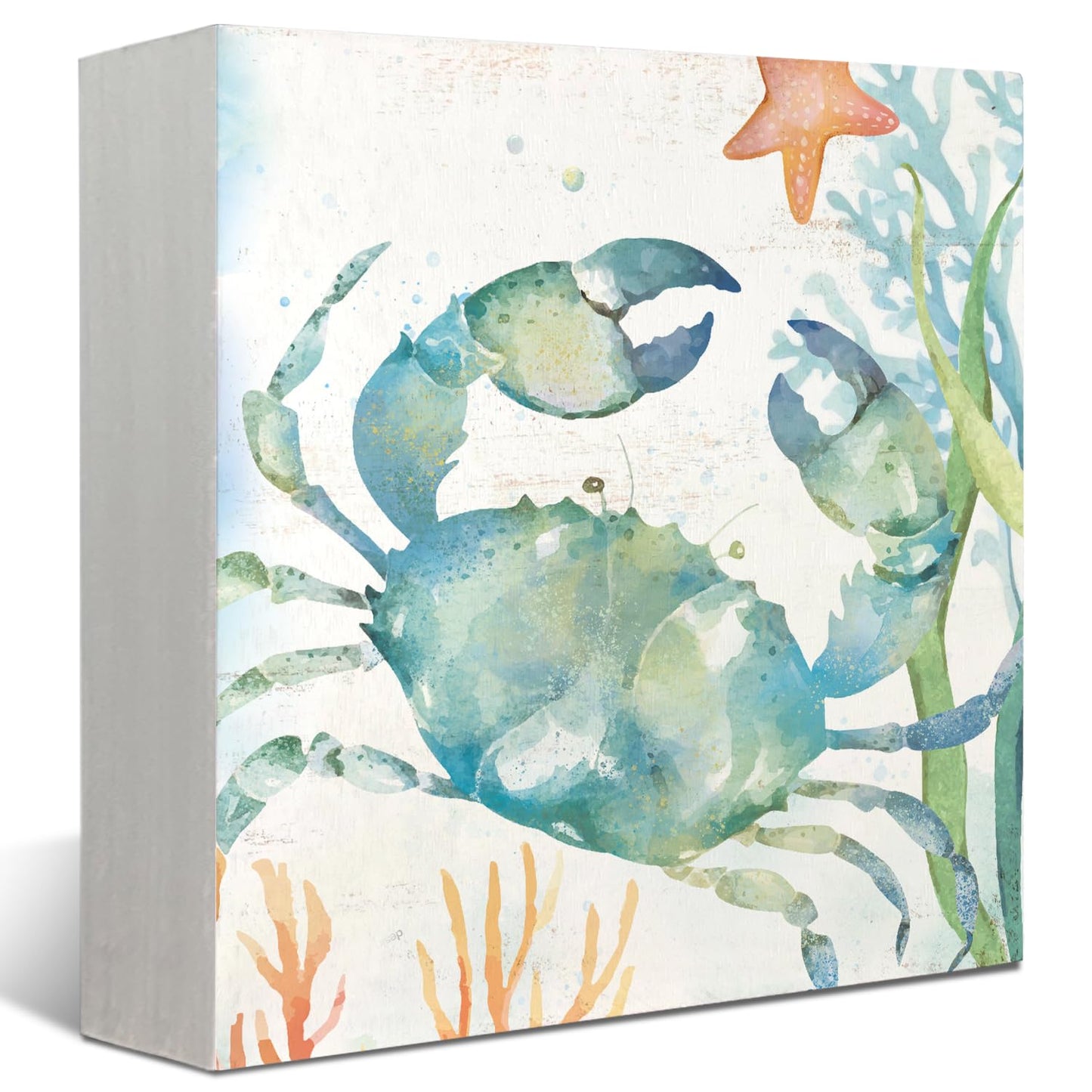 Mtrgdn Blue Crab Decor,Ocean Bathroom Crab Wood Box Sign Decor,Rustic Tiered Tray Decorations for Coastal Beach House Bathroom Wall Shelf Table Desk,Gift for Ocean Lovers,5x5 Inch