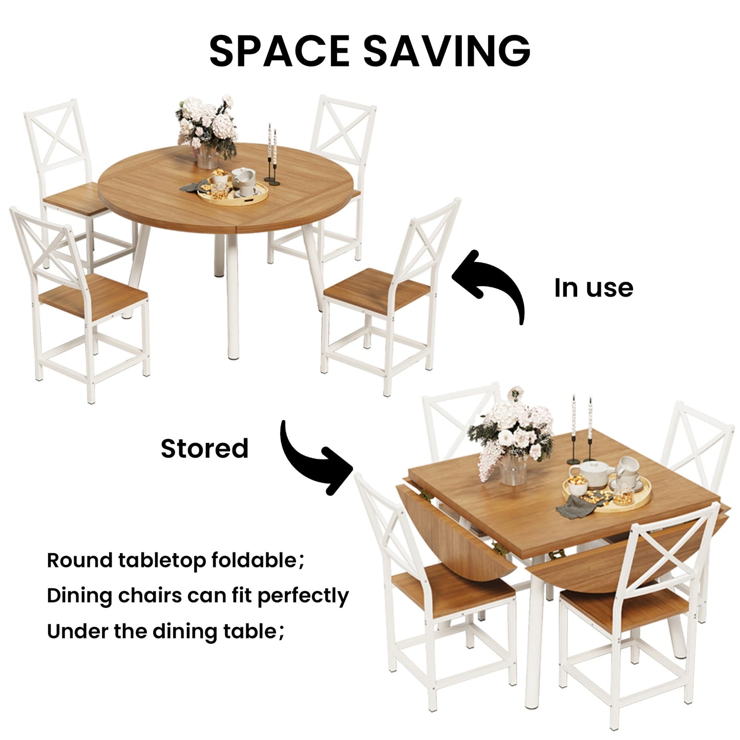IRONCK Dining Table Set for 4, Round Kitchen Table and 4 Stool Chair for Dining Room, 44.5inch Drop Leaf Desk, Small Space Saving, Natural Wood