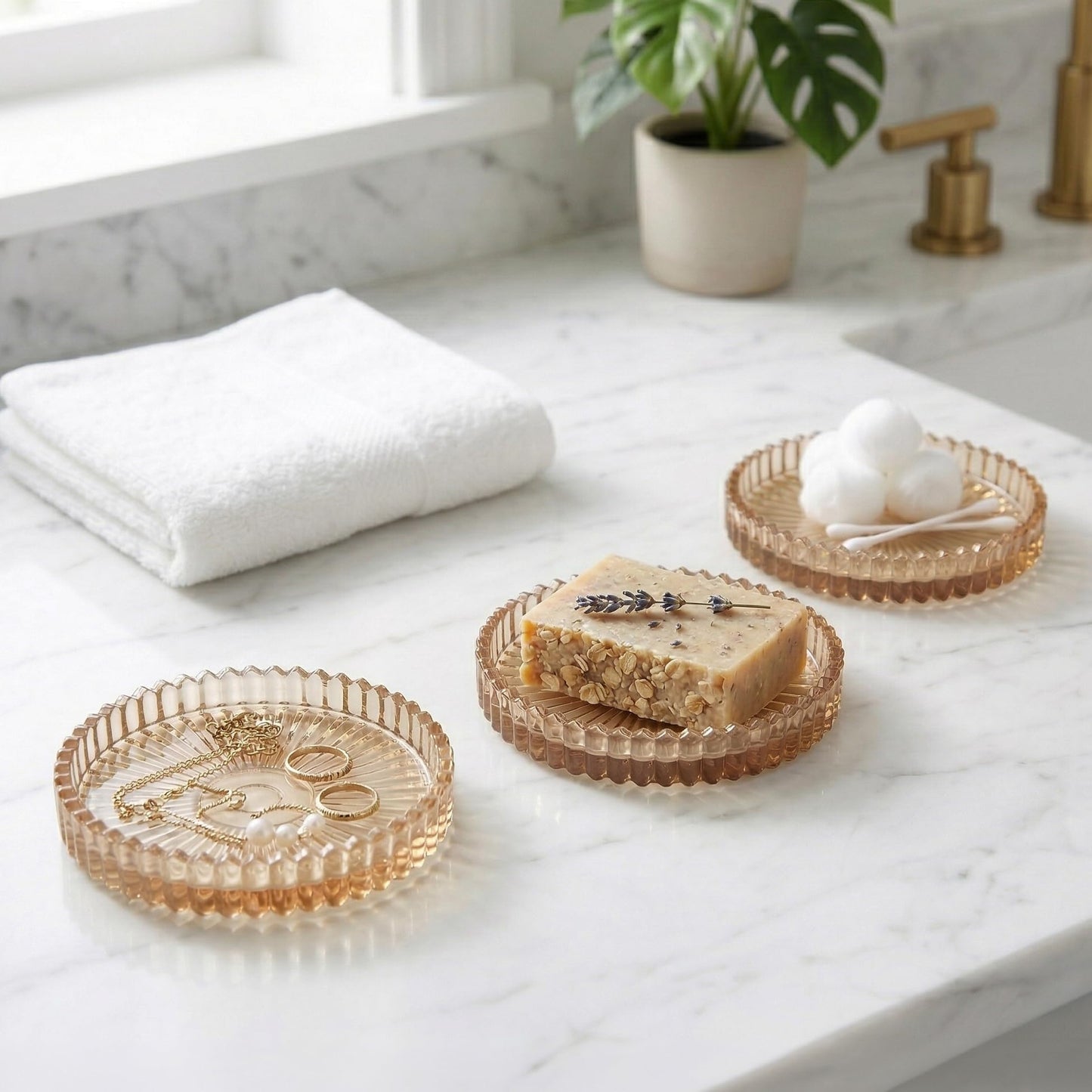 3PCS Amber Ribbed Glass Jewelry Tray, Coasters & Pillar Candle Holders