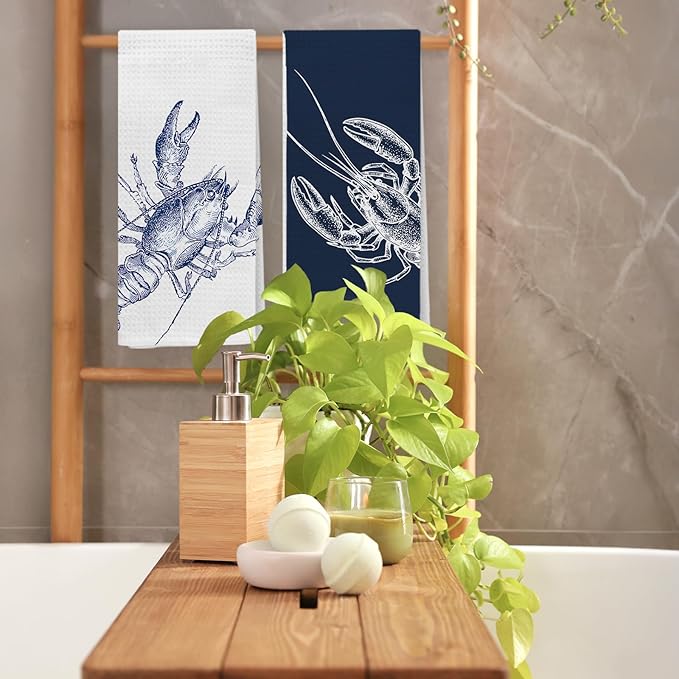 Vintage Lobster Coastal Beach Kitchen Towels, Nautical Dish Tea Towel Drying
