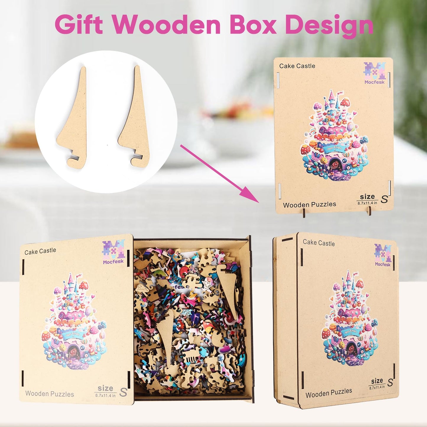 Mocfesk Birthday Cake Wooden Puzzles, Unique Shaped Wooden Jigsaw Puzzles for Kids, Small Puzzles for Grandkids, Birthday Gifts Family Games Home Decor 11.4 x 8.6 in