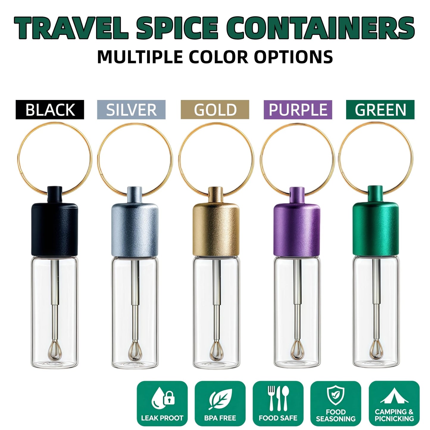 Petrip 5-Pack Travel Glass Spice Jars with Spoon - BPA-FREE Glass Food Storage Containers for Spices, Sugar & Seasonings