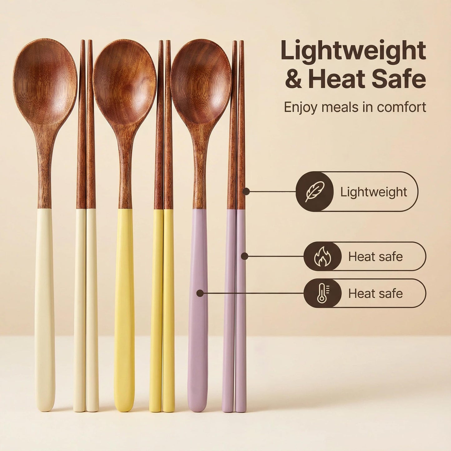 Handmade Wooden Cutlery Set by Diulazin - 4PCS Reusable Spoon and Chopsticks, High-Grade for Daily Use, Parties, Banquets, Buffets, Catering - Eco-Friendly, 9 Inch (Style D)
