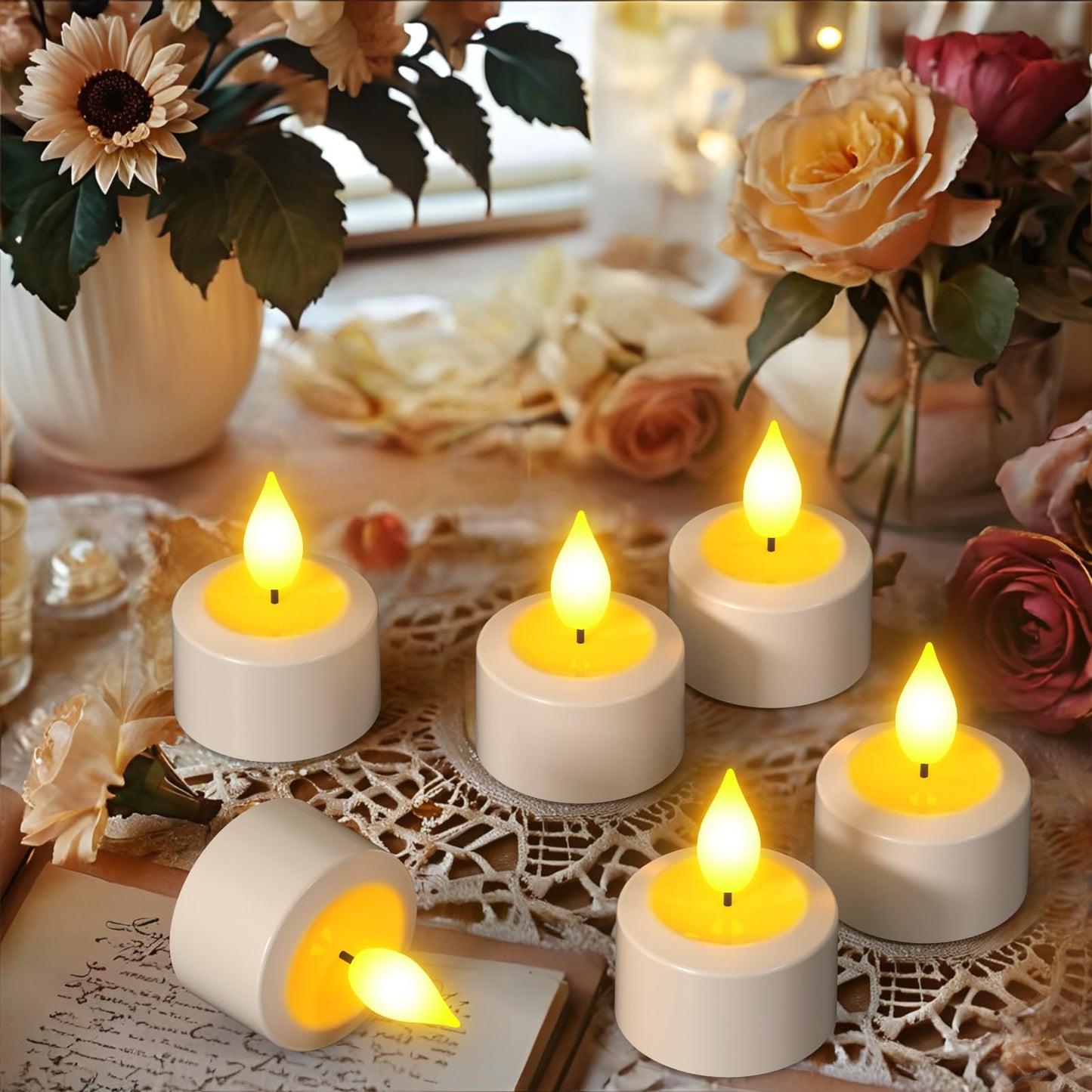 PChero Rechargeable Flameless Candles with Remote Timer & Charging Base, Long Lasting LED Tealight Battery Operated Flickering Candles for Home Decor Wedding Halloween Christmas, 6 Pack