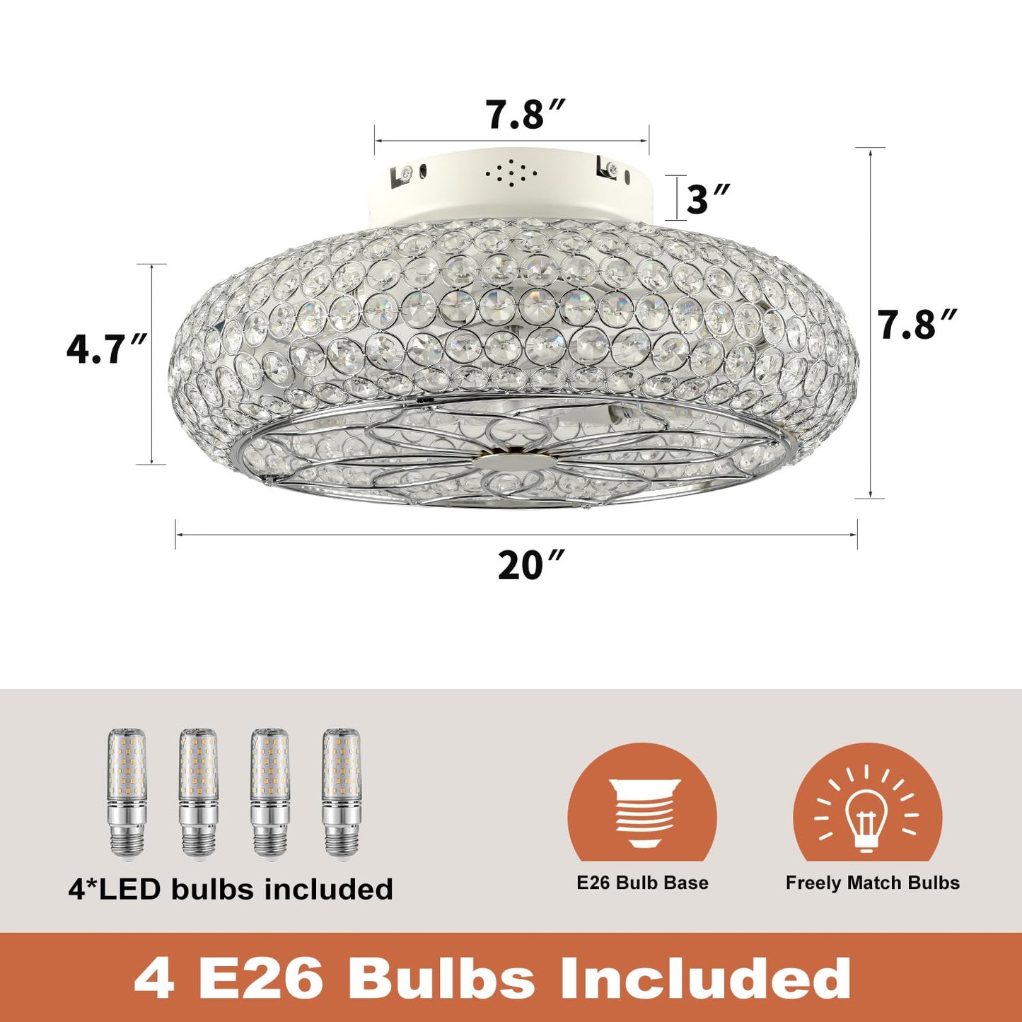 XUDOM Caged Crystal Ceiling Fans with Lights and Remote,20" Flush Mount Low Profile Ceiling Fan with Light,6 Speed Enclosed Ceiling Fan with Reversible Motor for Bedroom Kitchen Living Room