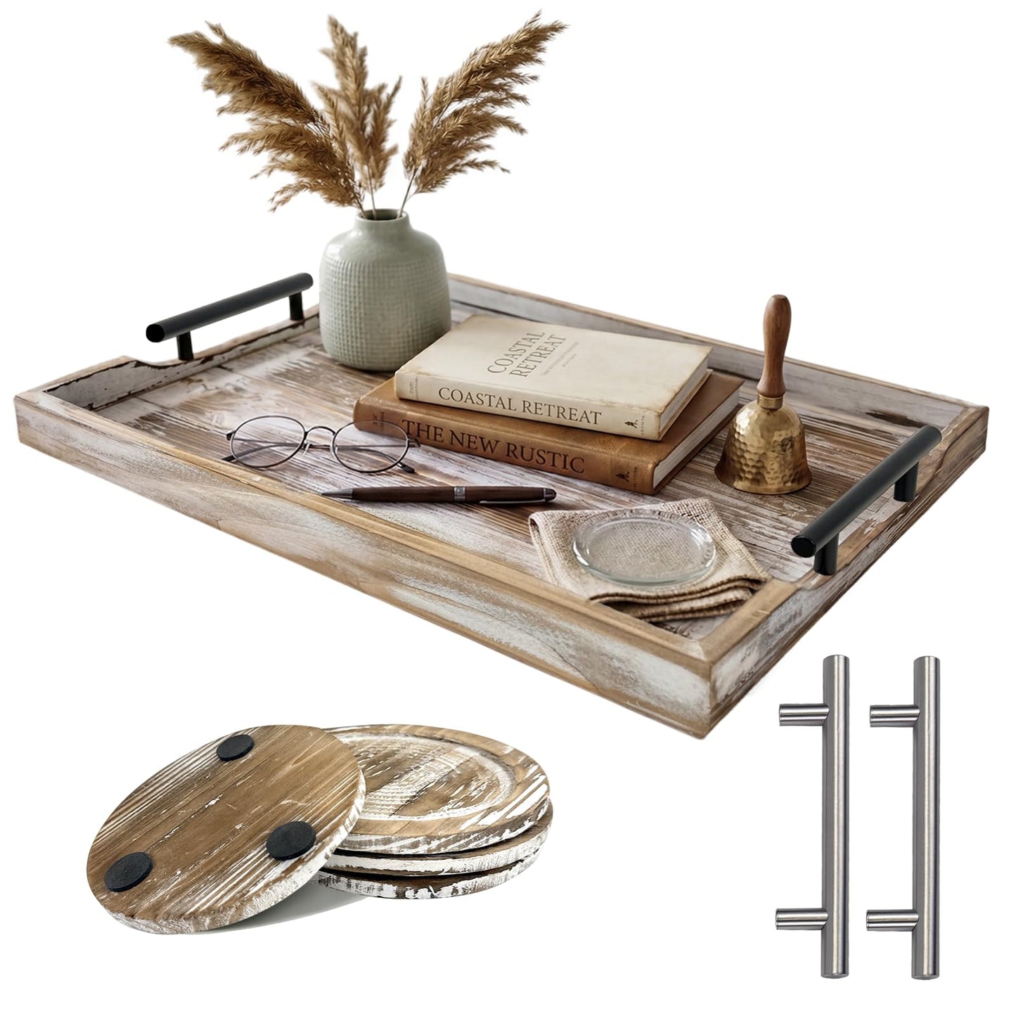 ComfyTune Wood Serving Tray with Metal Handles, 17x13in Large Wooden Tray for Ottoman, Coffee Table, Breakfast, Dinner & Bar, Decorative Tray for Living Room, Bedroom, Bathroom and Kitchen, Brown