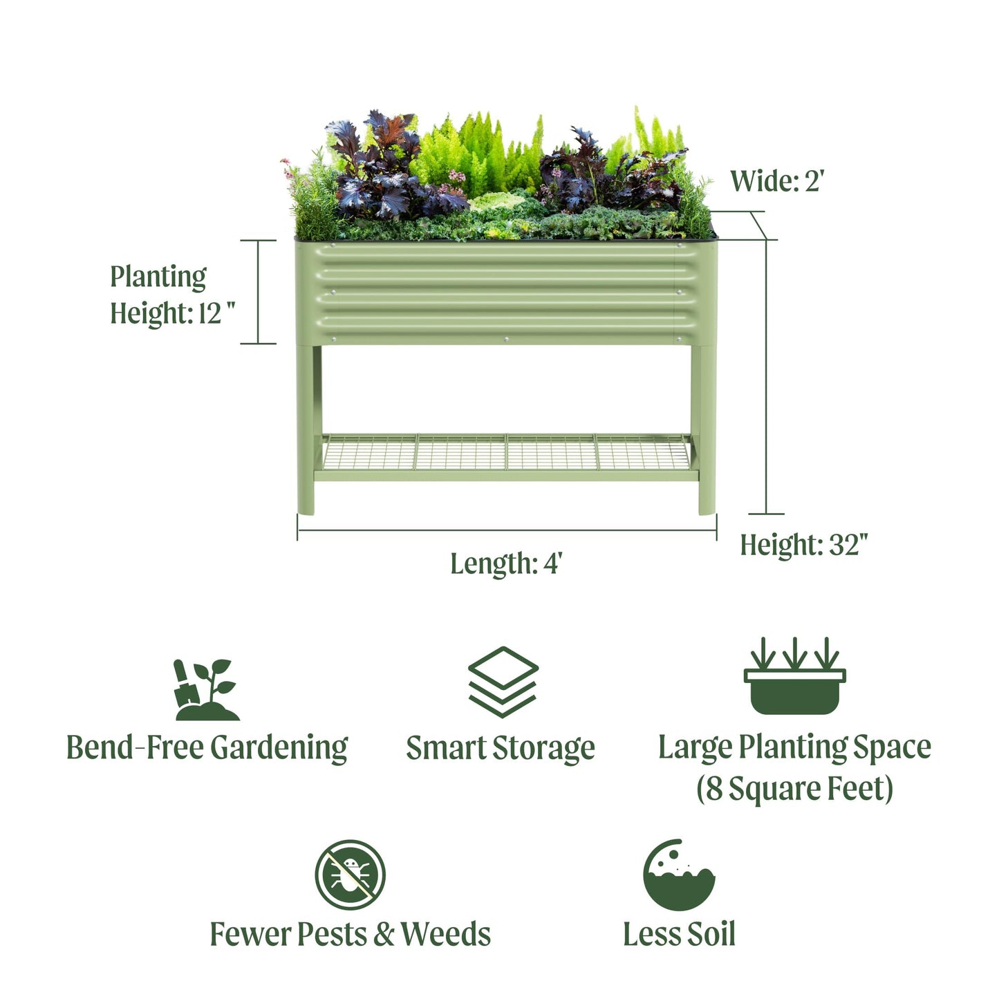 Elevated Raised Garden Bed-V Series, 2' x 4' Garden Beds with Legs & Storage Rack for Patio Porch, 700 Lbs Weight Capacity, Outdoor Planter Boxes for Gardening Herbs Vegetables Flowers, Olive Green