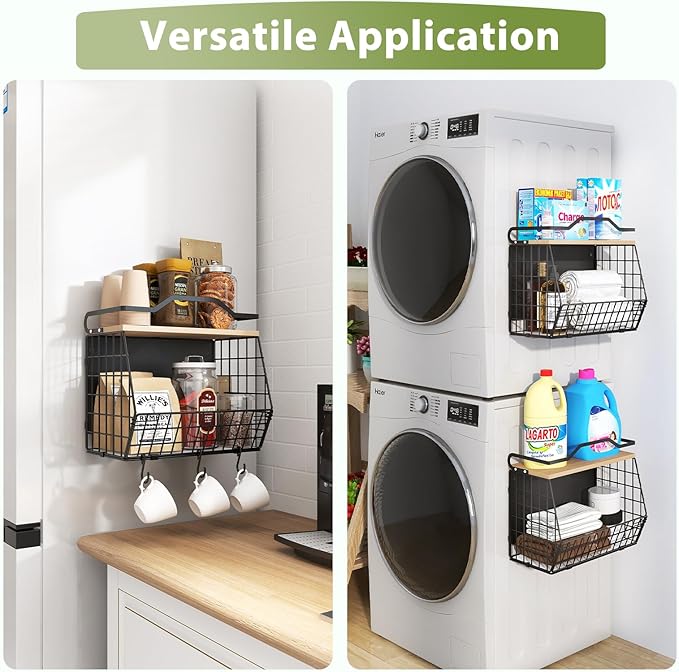 Magnetic Shelf for Fridge with Wood Lid, 2 Tier Fruit Baskets Wall Mounted