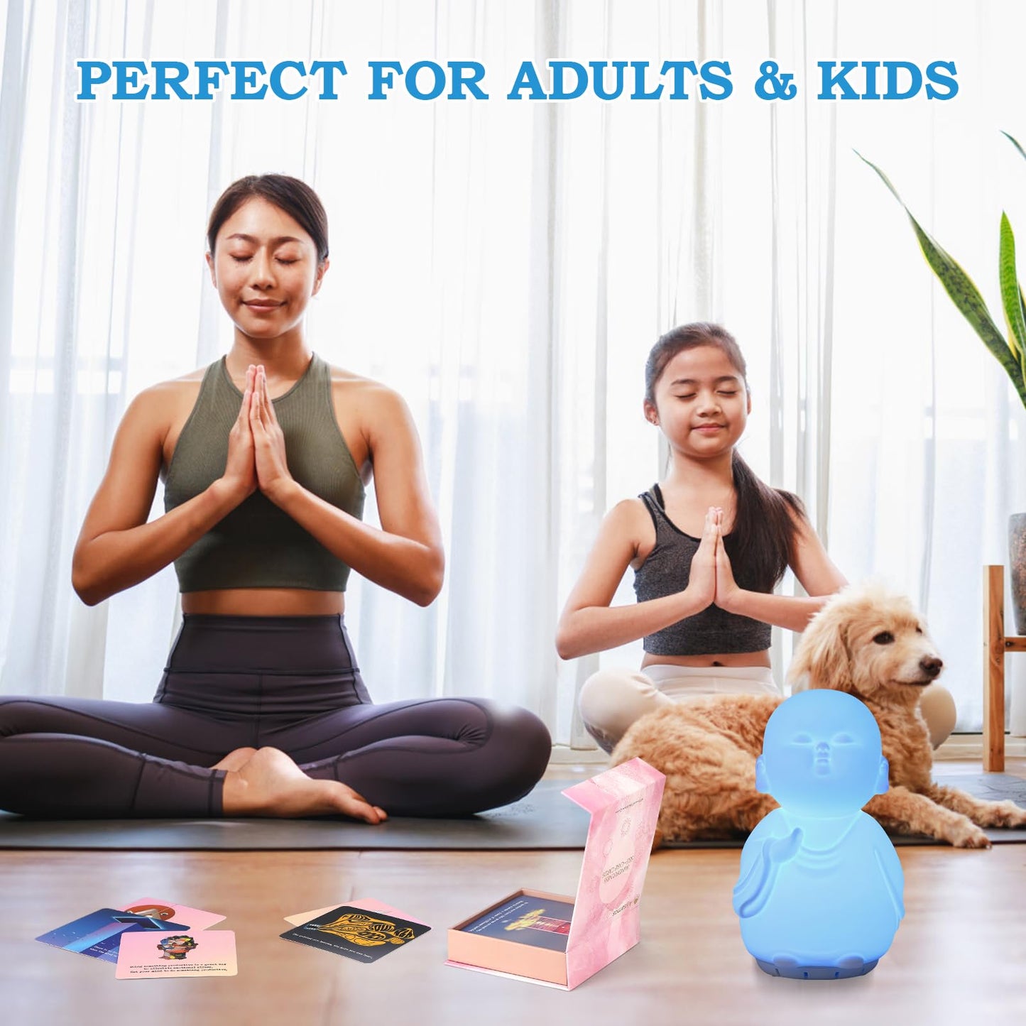 Mindfulness Tool Set with Guided Visual Meditation Breathing Lamp and 48 Positive Affirmation Cards, 3 in 1 Device with Night Light & Noise Machine, Self-Care Gift for Anxiety Relief and Relaxation