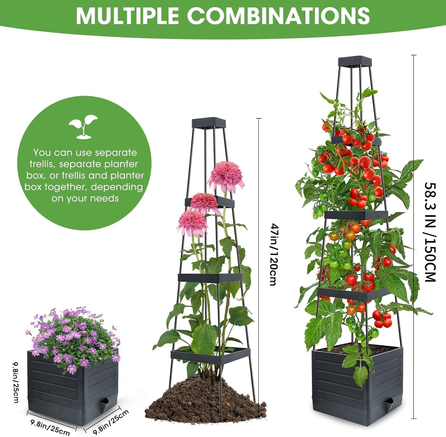 MYMULIKE 2 Pack Raised Garden Bed Planter Box with Trellis, 58” Tomato Cage Planter Raised Garden Bed with Trellis for Climbing Vegetables Plants Tomato Cage w/Self-Watering, Indoor Outdoor Use