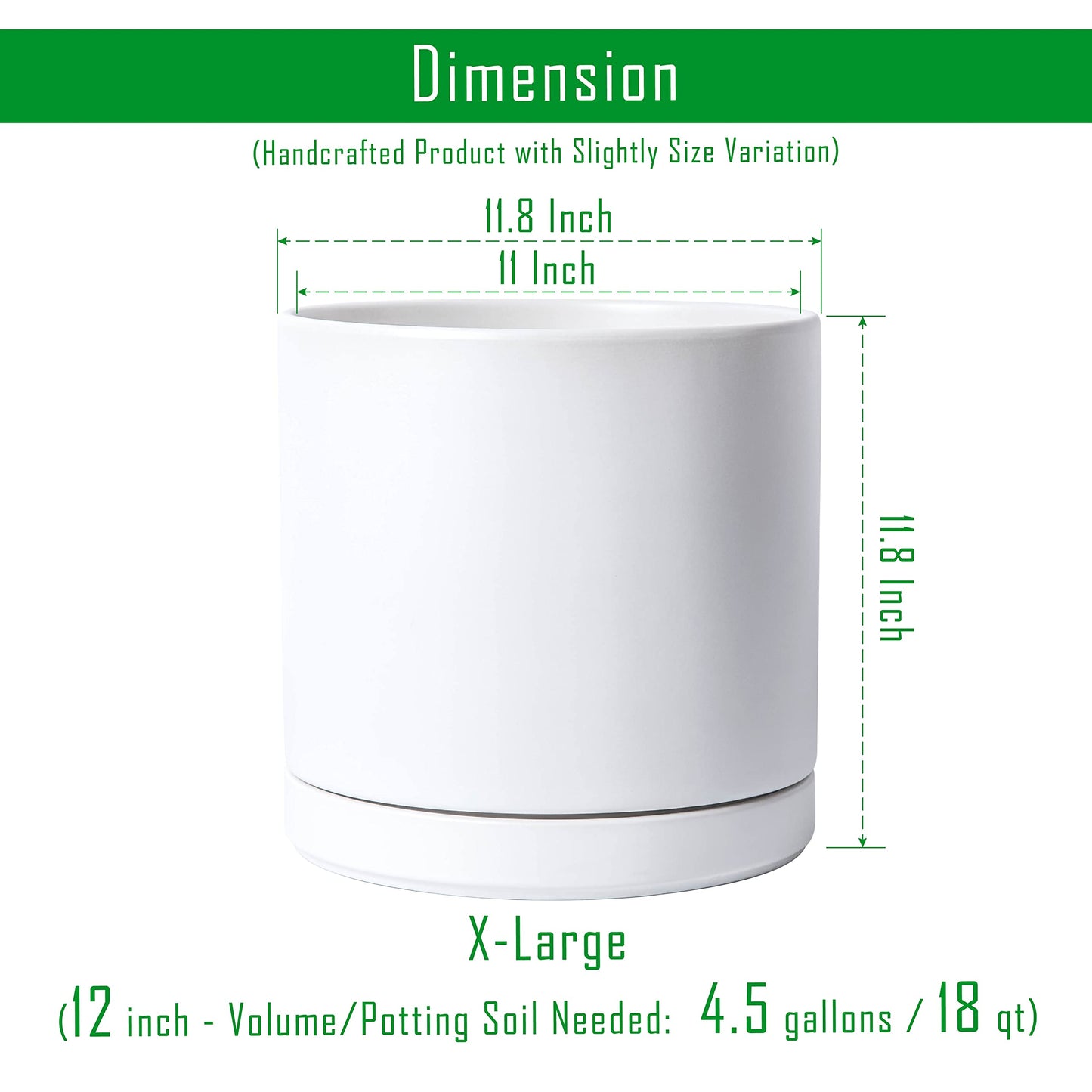 D'vine Dev 12 Inch Ceramic Planter Pot with Drainage Hole and Saucer, Indoor Cylinder Round Planter Pot, White, 94-O-F-1