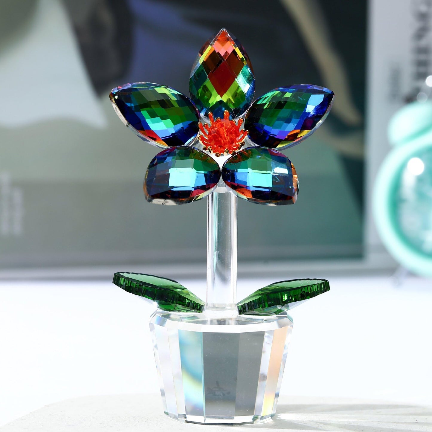 DLXK Crystal Glass Flower Figurines Statues Faceted Glass Flower Valentines Day Sculpture Decoration for Home Collectible Paperweight