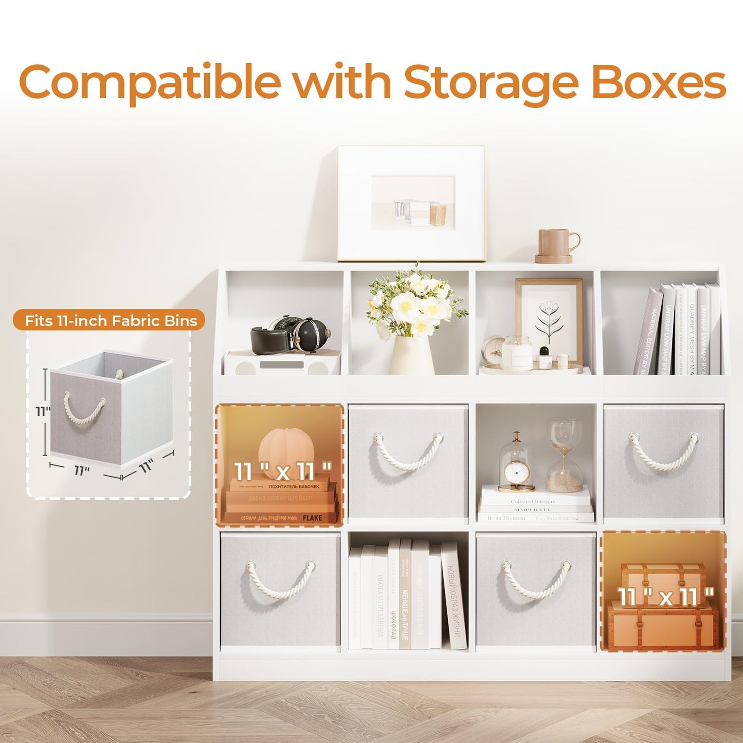 NELYE 12-Cube Wooden Storage Bookcase - 11-Inch Open Shelf Cabinet, Simple Modern Bookshelf Organizer for Home Office, Living Room, White