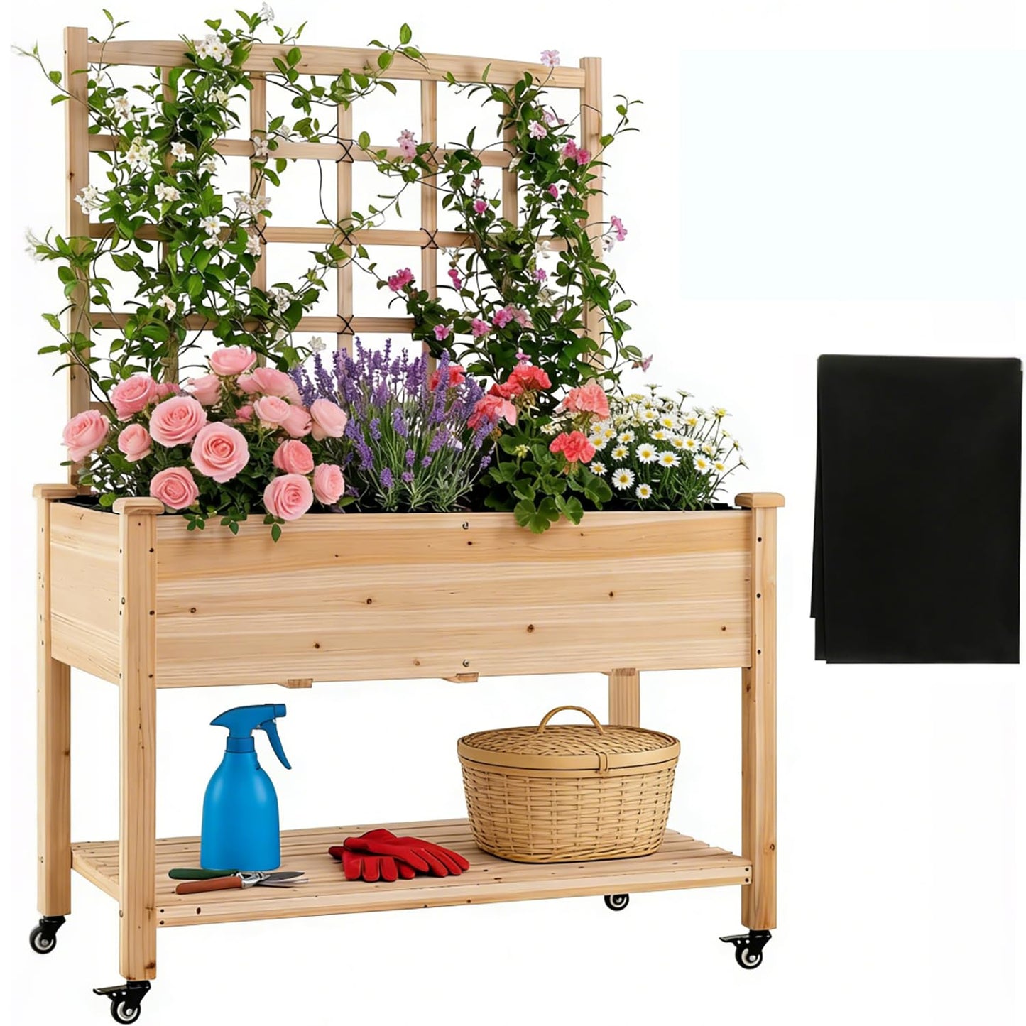 COSTWAY Wooden Raised Garden Bed with Trellis, Mobile Elevated Planter on Wheels, 285 lbs Capacity with Liner & Drainage Holes, Freestanding Outdoor Box for Climbing Plants, Vegetables, & Herbs