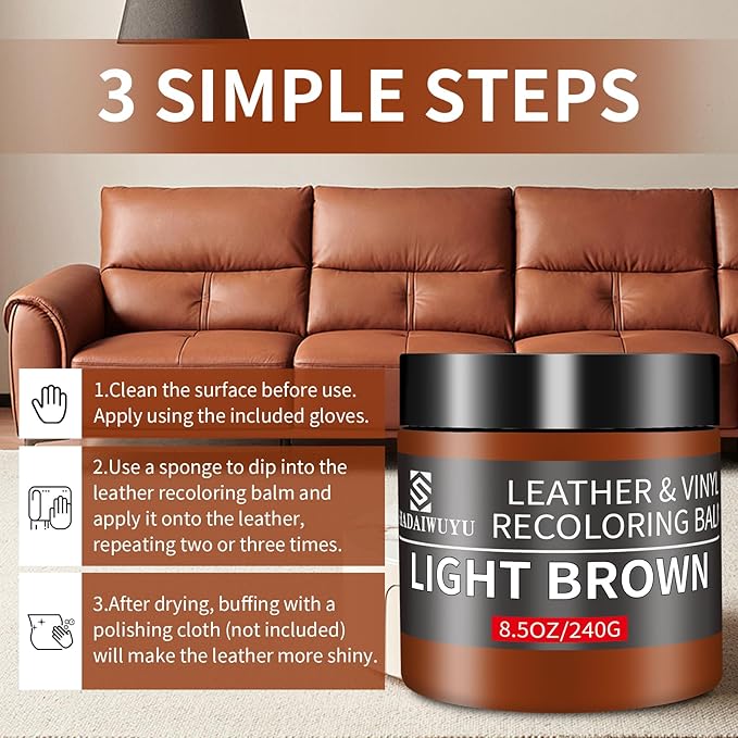 Leather Recoloring Balm, 8.5oz Leather Color Restorer, Light Brown Leather