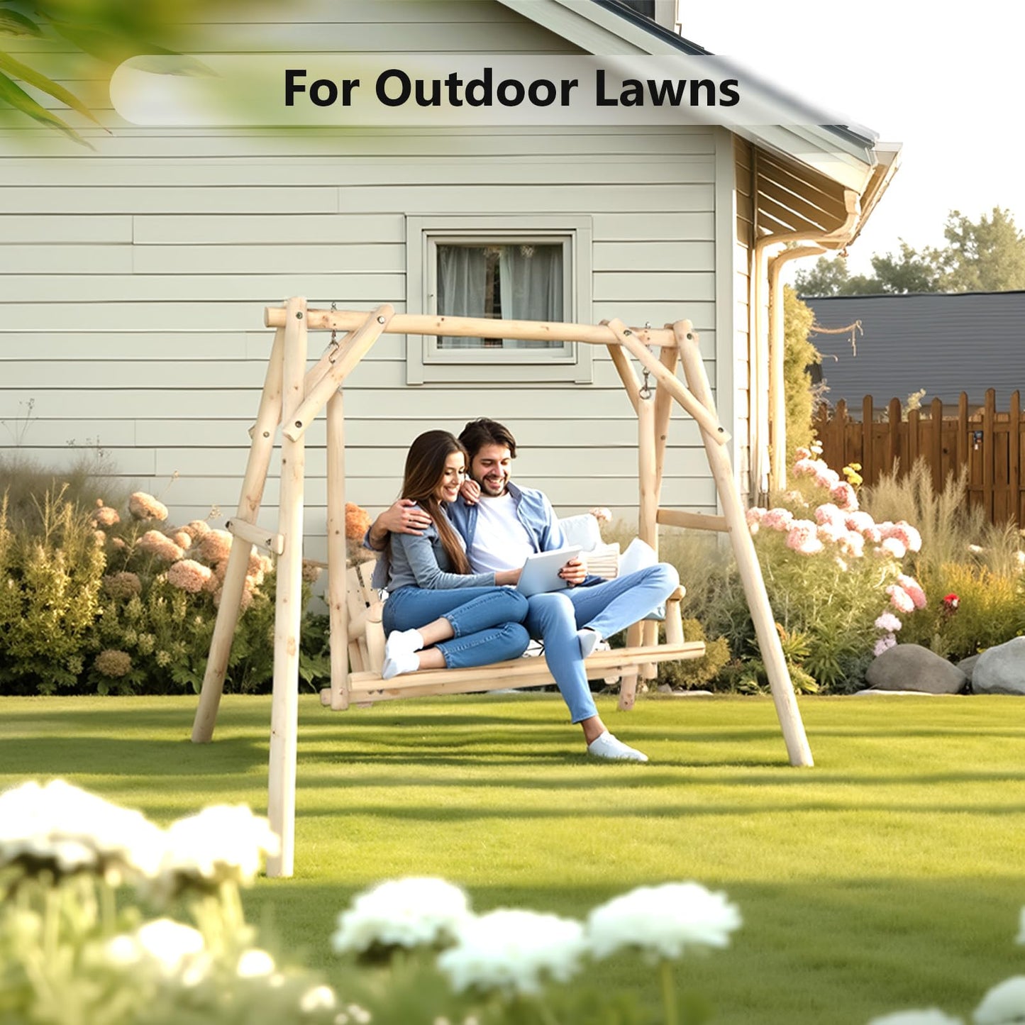 VINGLI Heavy Duty 880 LBS Wooden Patio Porch Swing with A-Frame Stand, Hanging Swing Bench Chair with Frame for Outside, Yard, Garden (Natural)