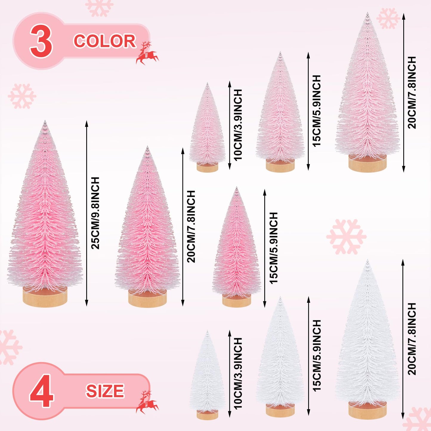 Leyndo 9 Pcs Pink Classic Artificial Mini Christmas Tree Sisal Bottle Brush Trees with Wood Base Christmas Pine Trees for Autumn Winter Holiday Home Kitchen Party Decor