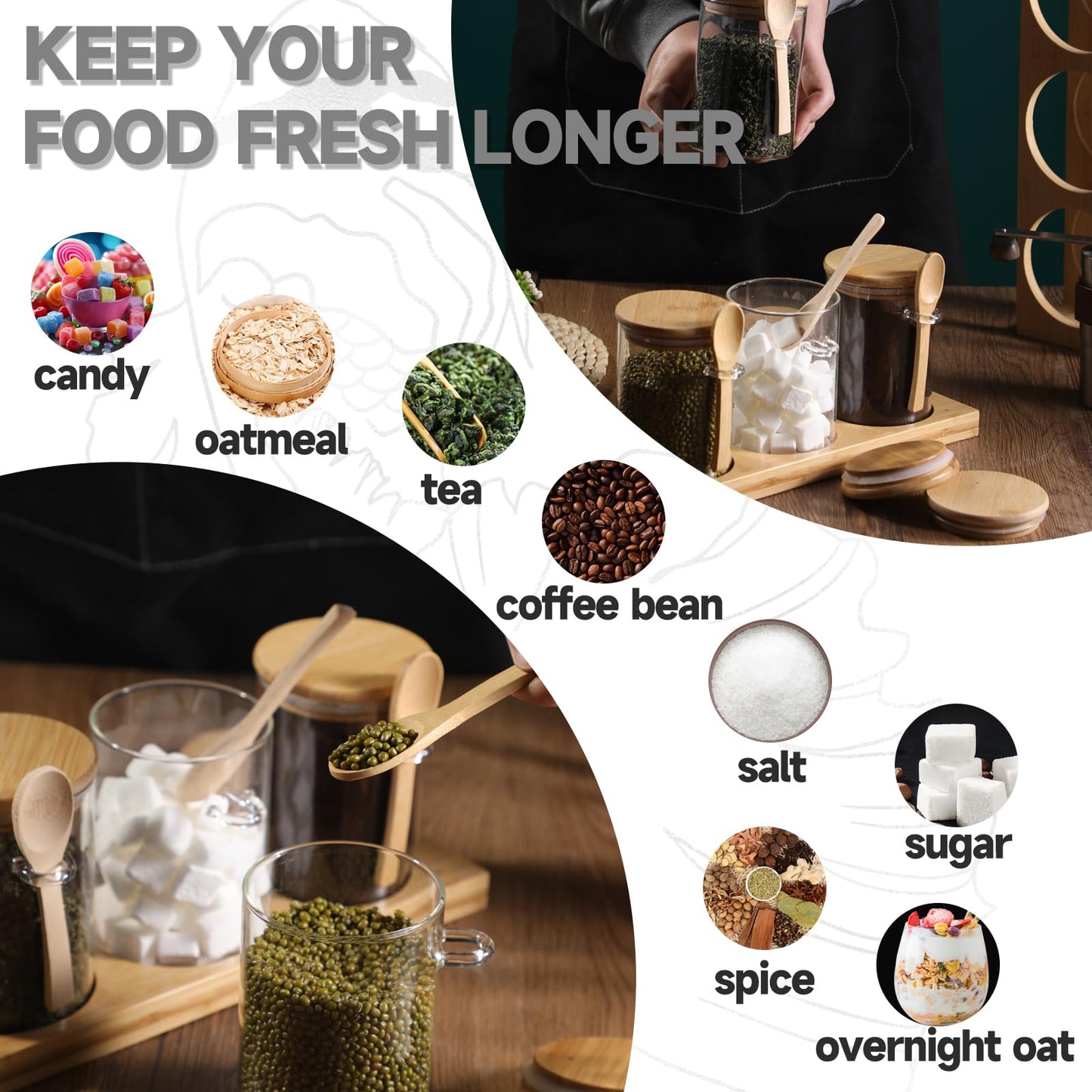 GURUDAR Glass Spice Storage Container with Spoon, 3PCS 20oz Airtight Sealed Condiment Jar with Tray, Kitchen Pantry Seasoning Canister Set for Salt Coffee Sugar Tea & Bathroom Cotton Swab Ball