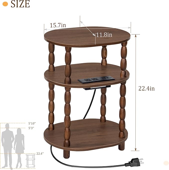 MaxSmeo Small Side Table with Charging Station, 3-Tier Small End Table with USB
