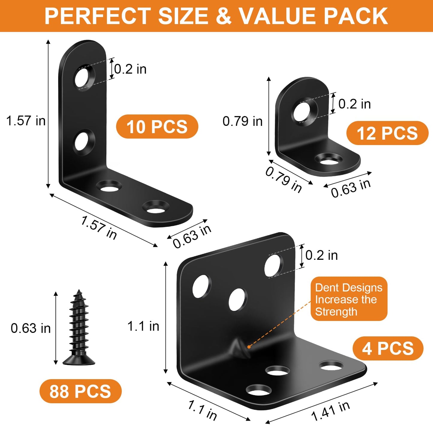 26 Pack L Bracket Corner Brace Kit, 3 Sizes Stainless Steel L Brackets for Wood Shelves, 90 Degree Right Angle Bracket, Black Metal Corner Brackets for Furniture Cabinet Drawer Chair (with 88 Screws)