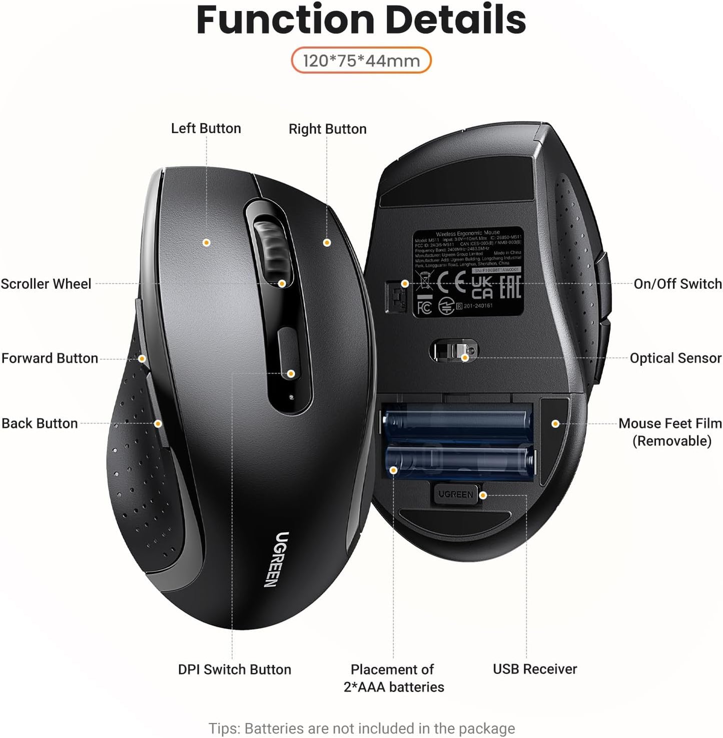 UGREEN 2.4GHz Wireless Mouse Ergonomic 1600 DPI USB Receiver Compatible with Windows Mac Linux Chromebook Laptop PC