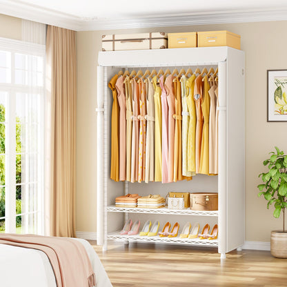 ULIFHOME H5C Plus Clothes Rack with Cover, Portable Closet for Hanging Clothes, Covered Clothing Racks Heavy Duty, Garment Racks with Shelves, Max Load 370LBS, White Closet Rack with White Cover