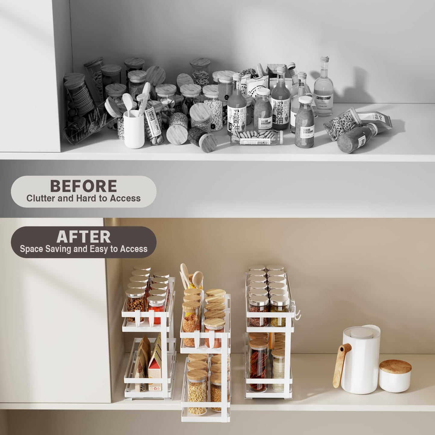 Magheo Pull Out Spice Rack Organizer for Cabinet, 2 Pack Metal Seasoning Organizer Slide Out Spice Storage Shelf No Assembly Vertical Spice Rack Pullout for Kitchen & Bahthroom No Drill(2 Tier,White)