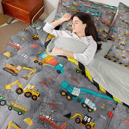 Erosebridal Kids Excavator Bed in A Bag 7 Piece Tractor Truck Comforter Set Twin Size Construction Vehicle Bedding Sets for Kids Teens Boys Girls Equipment Heavy Blender Sheet Set