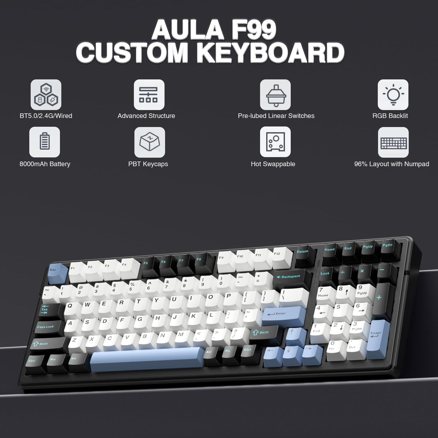 AULA F99 Wireless Mechanical Keyboard,Tri-Mode BT5.0/2.4GHz/USB-C Hot Swappable Custom Keyboard,Pre-lubed Linear Switches,RGB Backlit Computer Gaming Keyboards for PC/Tablet/PS/Xbox