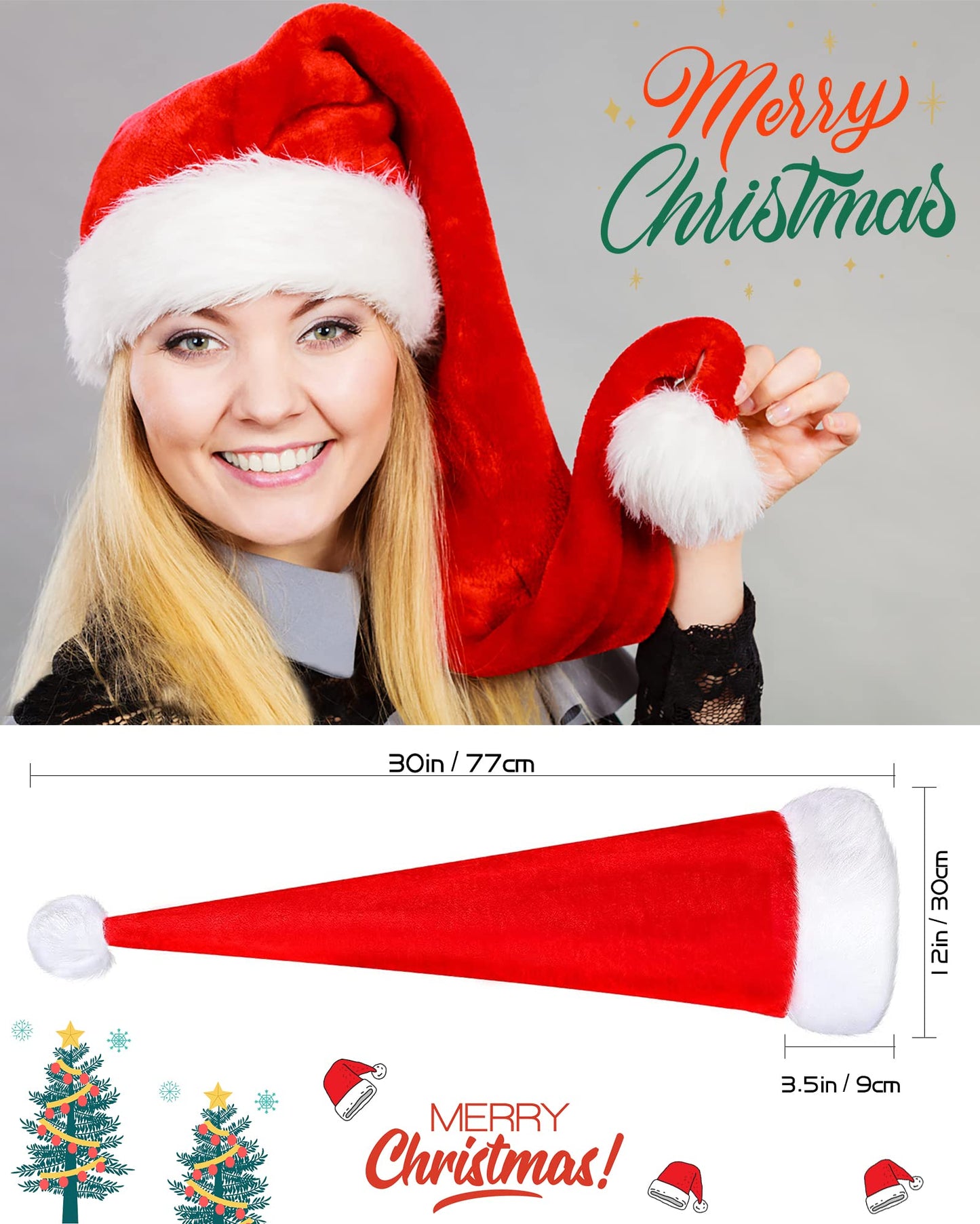 Seiddons Soft Velvet Santa Claus Hat for Adults, Unisex Christmas and New Year