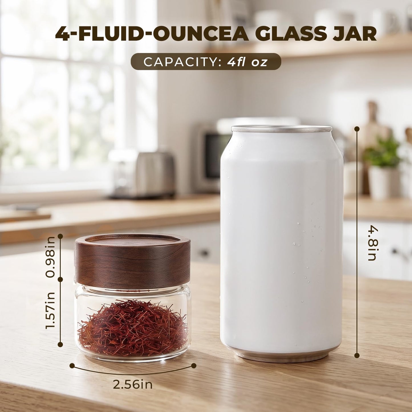 Kalnsa 6 Pack 4 oz Glass Jars with Lids, Small Mason Jars with Airtight Acacia Wood Lid, Mini Glass Spice Jars for Kitchen Pantry Organization, 4oz Small Containers for Coffee Sugar Tea & Candy
