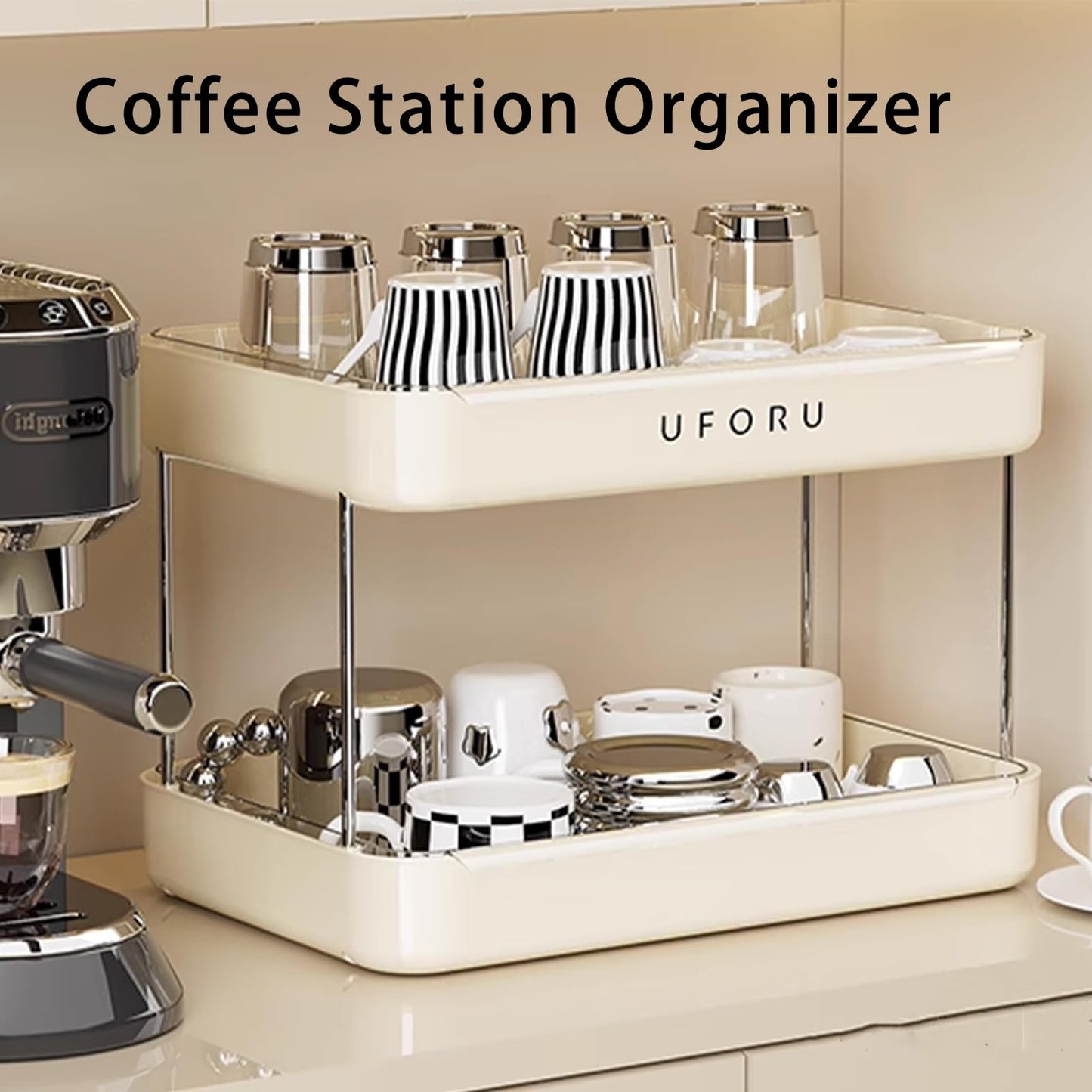 UFORU Countertop Coffee Station Organizer, 2 Tier Wine Glass Holder, Mug Shelf with Removable Drain Tray, Spice Rack for Kitchen, Bathroom Countertop Organizer, Cream White