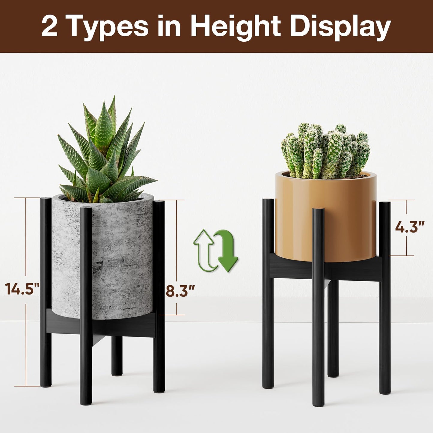 MUDEELA 14 Inch Tall Plant Stand for Indoor, Adjustable Width Bamboo Plant Stand for 8 9 10 11 12 Inches Pot, Single Tier Planter Holder Floor Stand, Mid Century Modern Style, Black, Without Pot