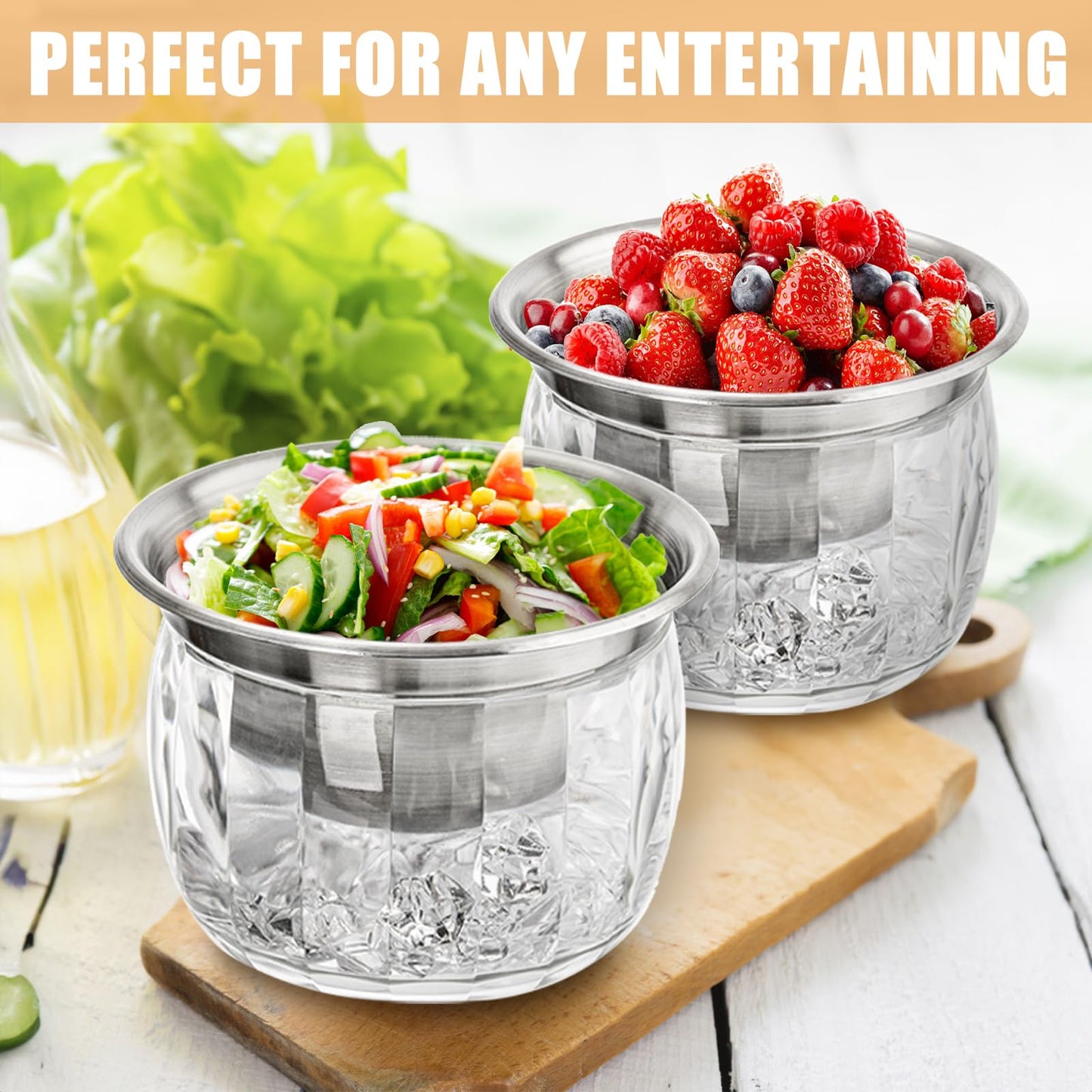 ZENFUN 2 Pack 20 Oz Chilled Dip Bowl with Acrylic Ice Bowl Base, Stainless Steel Ice Chilled Serving Dish Iced Salad Bowl Set for Chilled Pasta, Potato, Dressing, Fruit