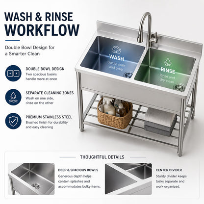 42" x 22" Freestanding Stainless Steel Utility Sink with Pull Down Faucet and Workbench Top, Extra Wide Basin for Laundry Room, Garage, or Workshop