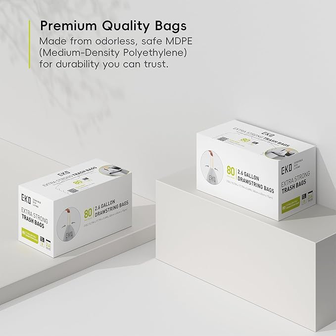 EKO 2.6 Gallon / 7-10 Liter, Extra-Strong Unscented Garbage Bags, Easy-Dispense