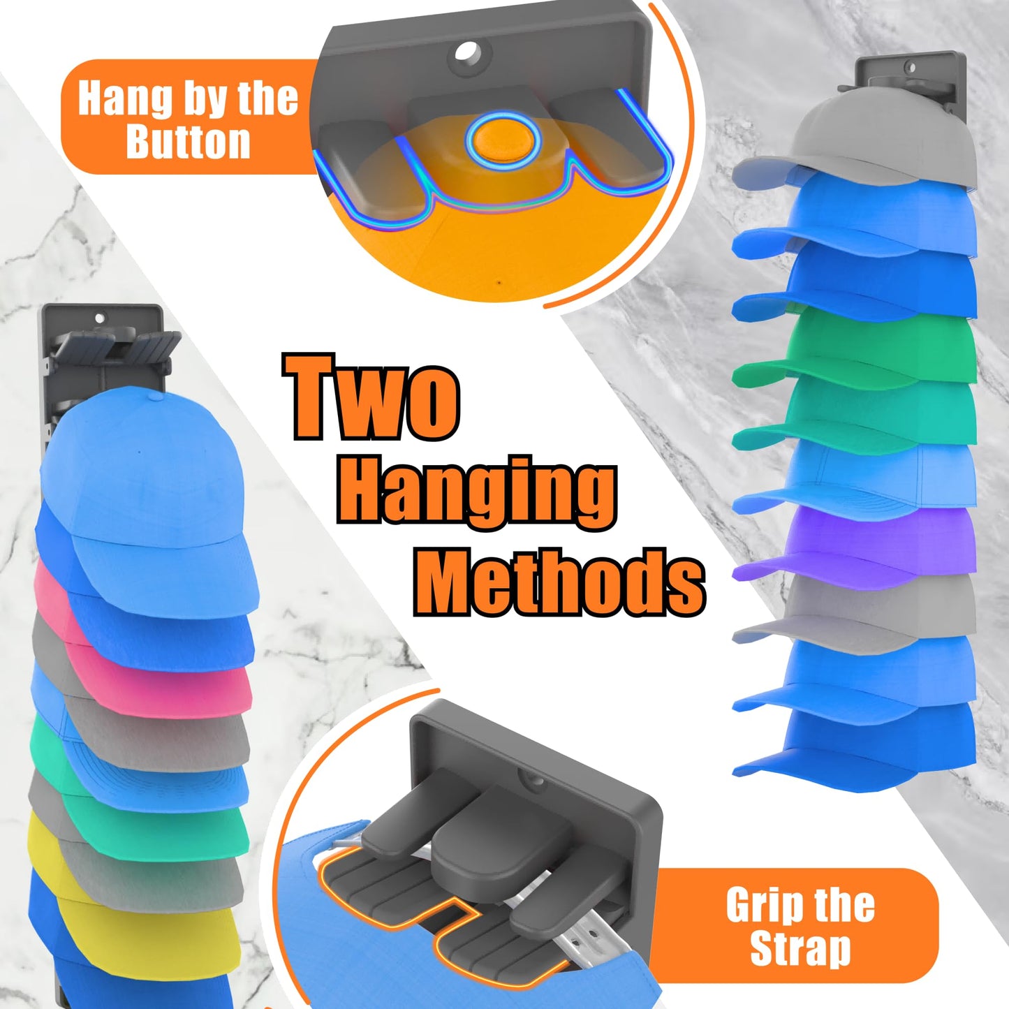 BRUBEQO Hat Organizer for Baseball Caps 2 Packs with Built-in Spring Clips - Wall Mount Closet Hat Rack Holder,Storage for Door/Closet Display Hat Racks Hanger (Strong Adhesive & Screws) Matte Black.