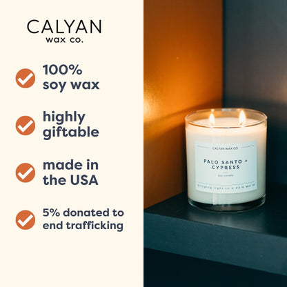 Calyan Wax Co. Palo Santo & Cypress 2 Wick Scented Candle - 37 Hour Burn - Luxury Clean Soy Wax Candles - Long Lasting Large Glass Jar Candle for Home - 8.8oz