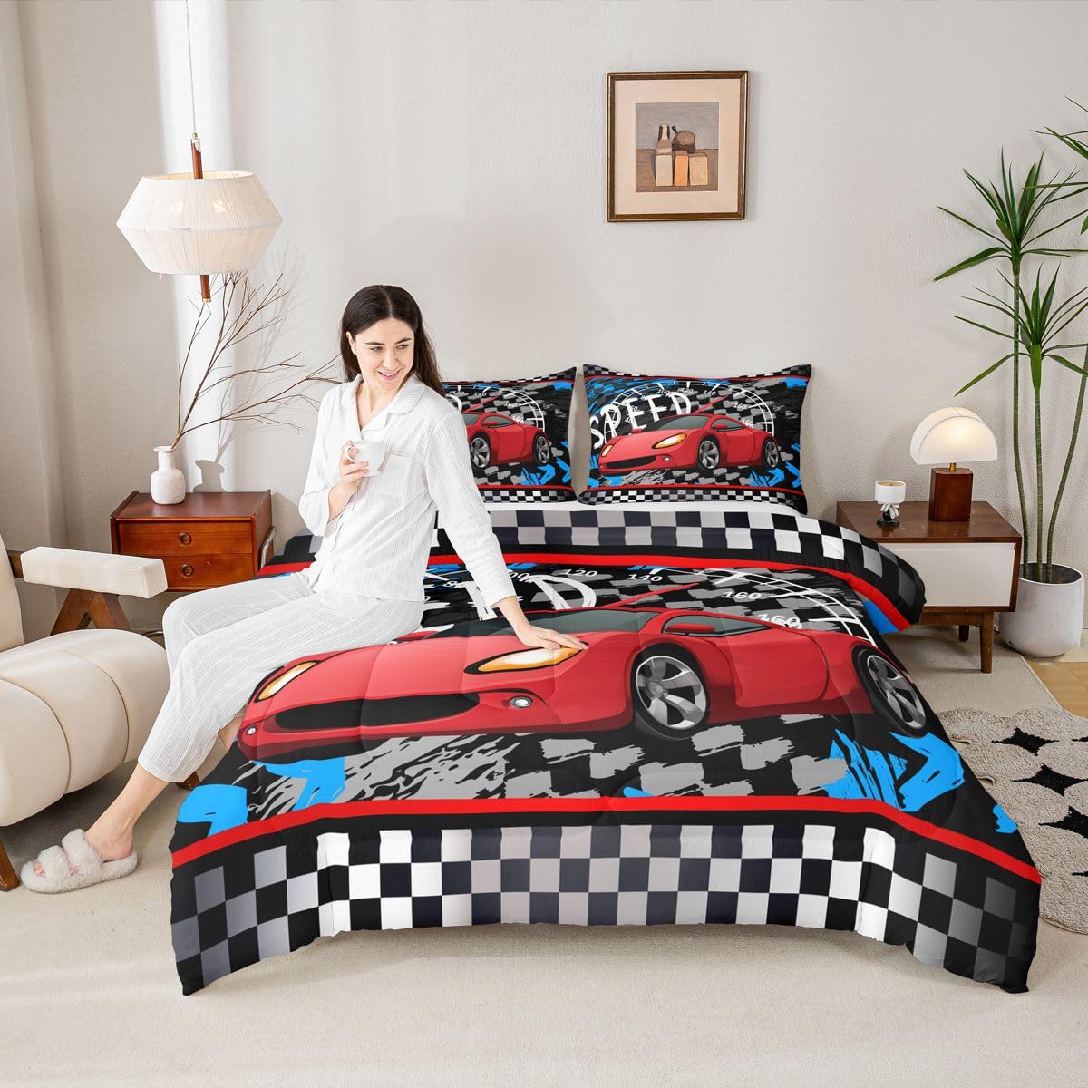 Feelyou Boys Race Car Bedding Set Cool Race Sports Car Set Comforter Set for Kids Boys Sports Theme Duvet Set Checkered Comforter Red 1 Comforter Set with 1 Pillowcase Twin Size
