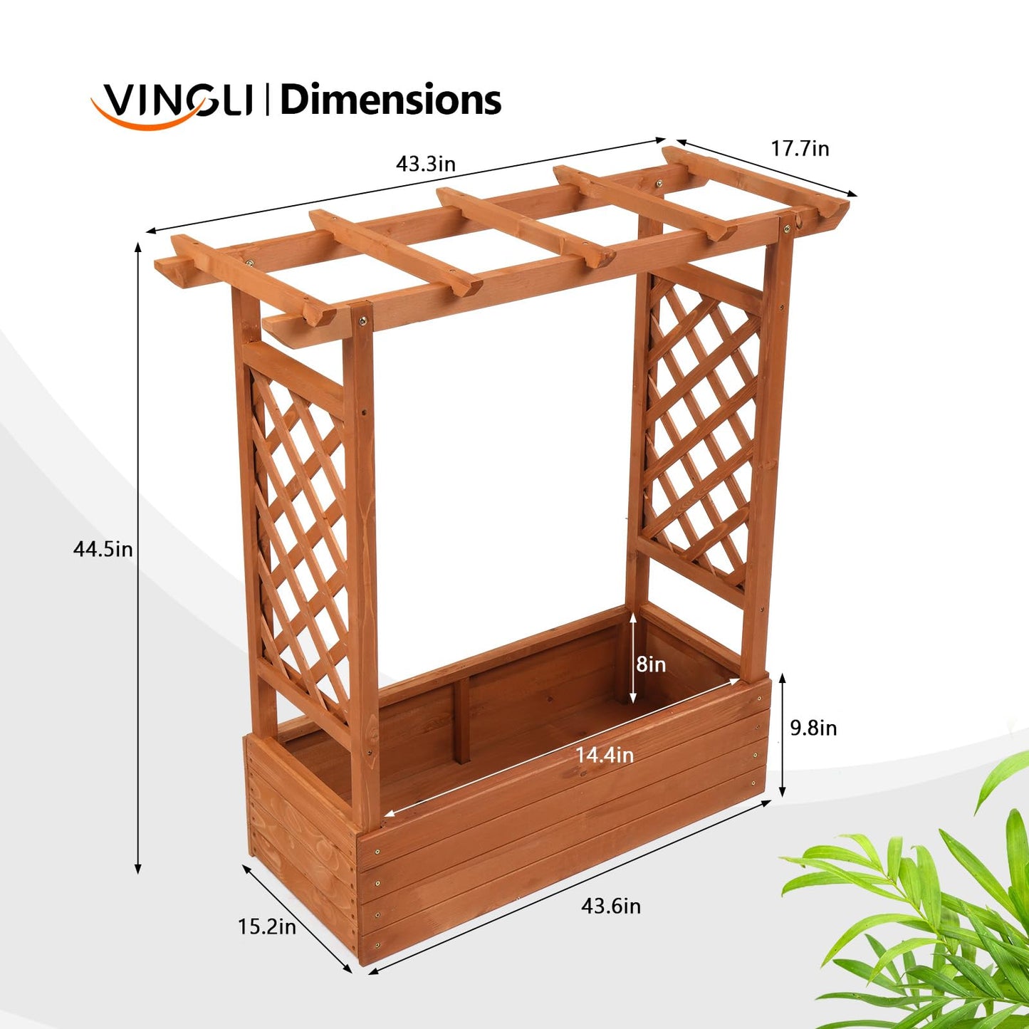 VINGLI 45 in Raised Garden Bed with Trellis & Hanging Roof, Wooden Elevated Planter Box with Drainage Holes for Outdoor Climbing Plants Vegetables Flowers, Patio Yard Balcony