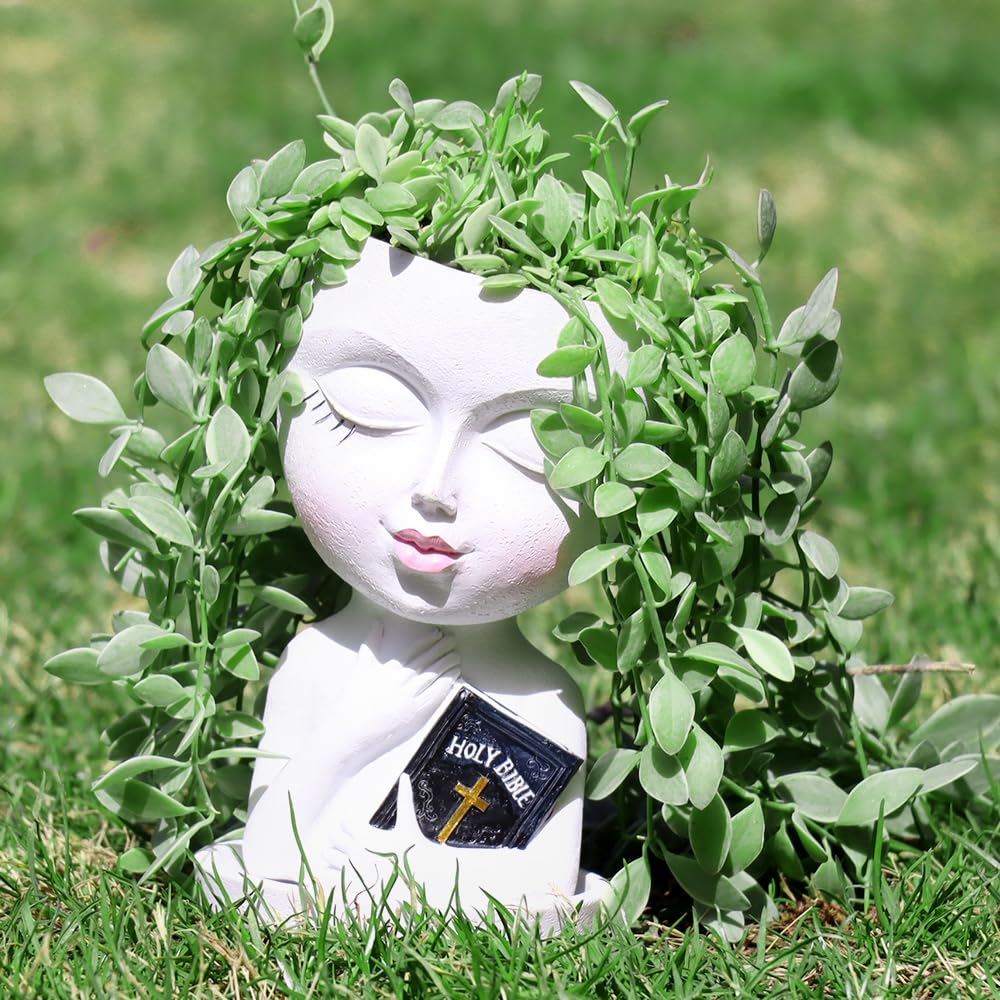 Meltset M Face Planters Pots Head for Indoor Outdoor Plant Unique Head Planter Holding Book Confessional Girl Face Flower Pot with Drainage for Succulent Cactus String Of Pearls Plant Gift Idea(White)