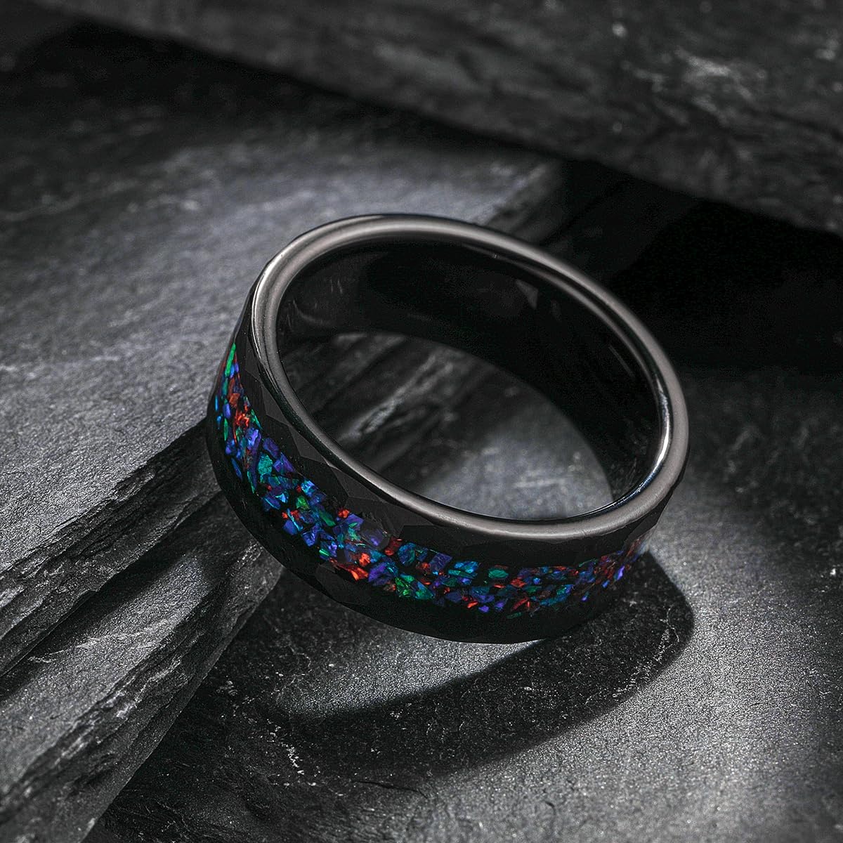 NUNCAD Black Tungsten Rings for Men Women Engagement Wedding Bands Hammered Inlay Galaxy Opal Matte Finish 8mm Comfort Fit Sizes 12