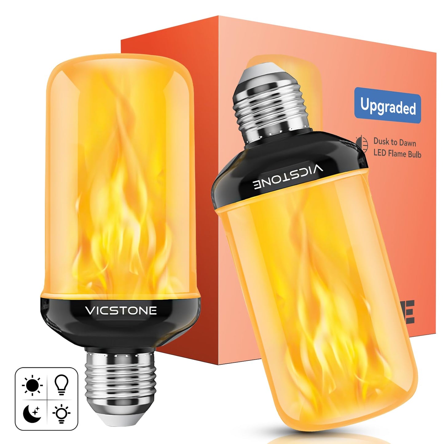 Vicstone Upgraded Dusk to Dawn LED Flame Light Bulbs Outdoor, 4 Modes Flickering Light Bulbs with Upside Down Effect, E26 Fire Bulb for Halloween Christmas Party Patio Porch Home Indoor Decorations, 2