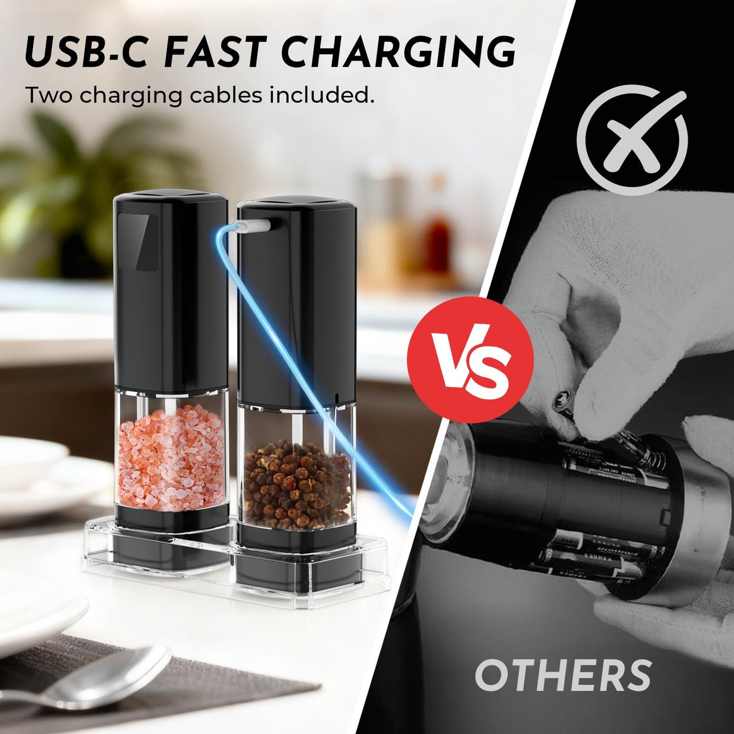 IFONPY Upgraded Larger Capacity Electric Salt and Pepper Grinder Set Rechargeable with Digital Display, Refillable Electric Pepper Grinder Mill Set with Light & Ceramic Core, Adjustable Coarseness