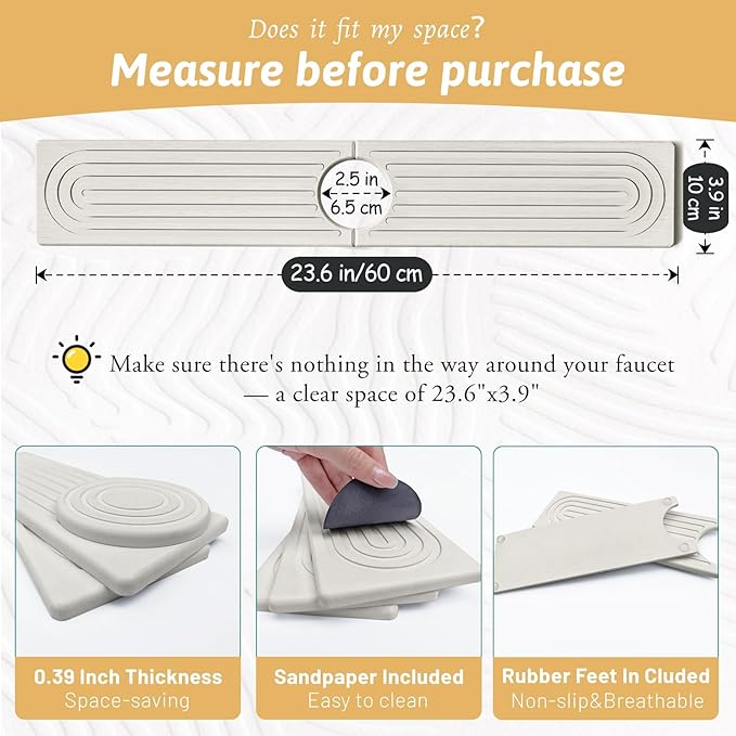 Quick Dry Stone Sink Splash Guard, 23.6" Extended Diatomaceous Earth Sink