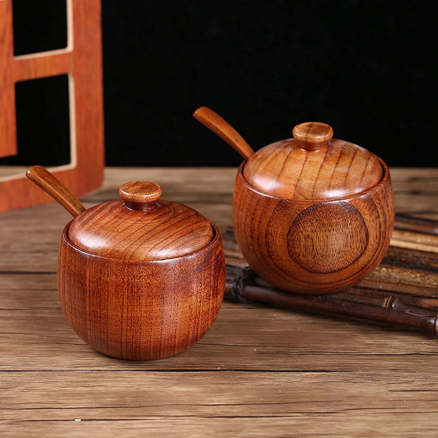 Kukyller 2PCS Wooden Salt Box with Lid Spoon, Sugar Bowl Pepper Seasoning Container, Wooden Salt Container for Kitchen Serving Condiment Chili Powder 2 * 4 * 3.5in