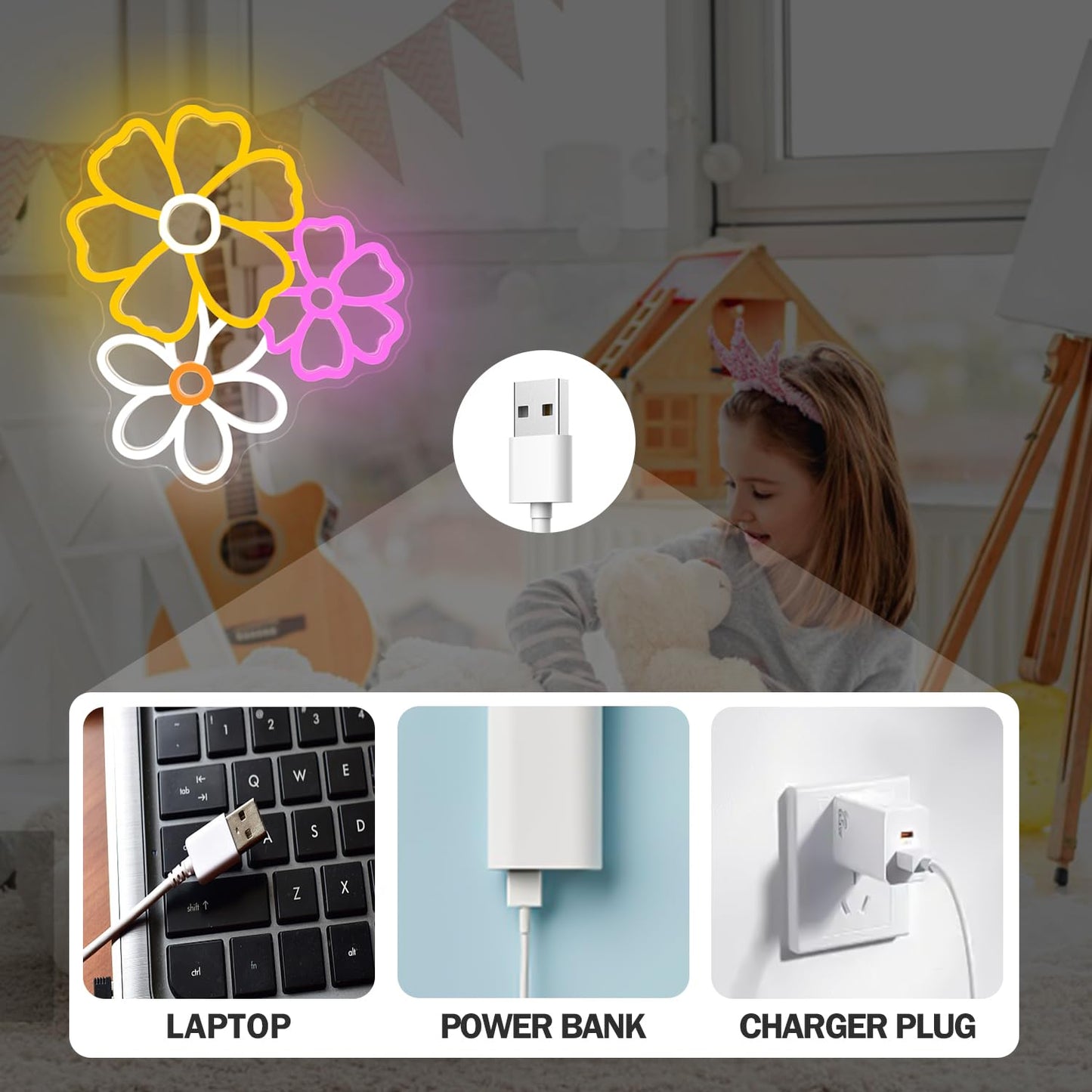 Daisy Flower Neon Sign Dimmable Flower Wall Light for Girls Bedroom Sakura Light up Sign for Wall Decor Led Boho for Birthday Christmas Gift