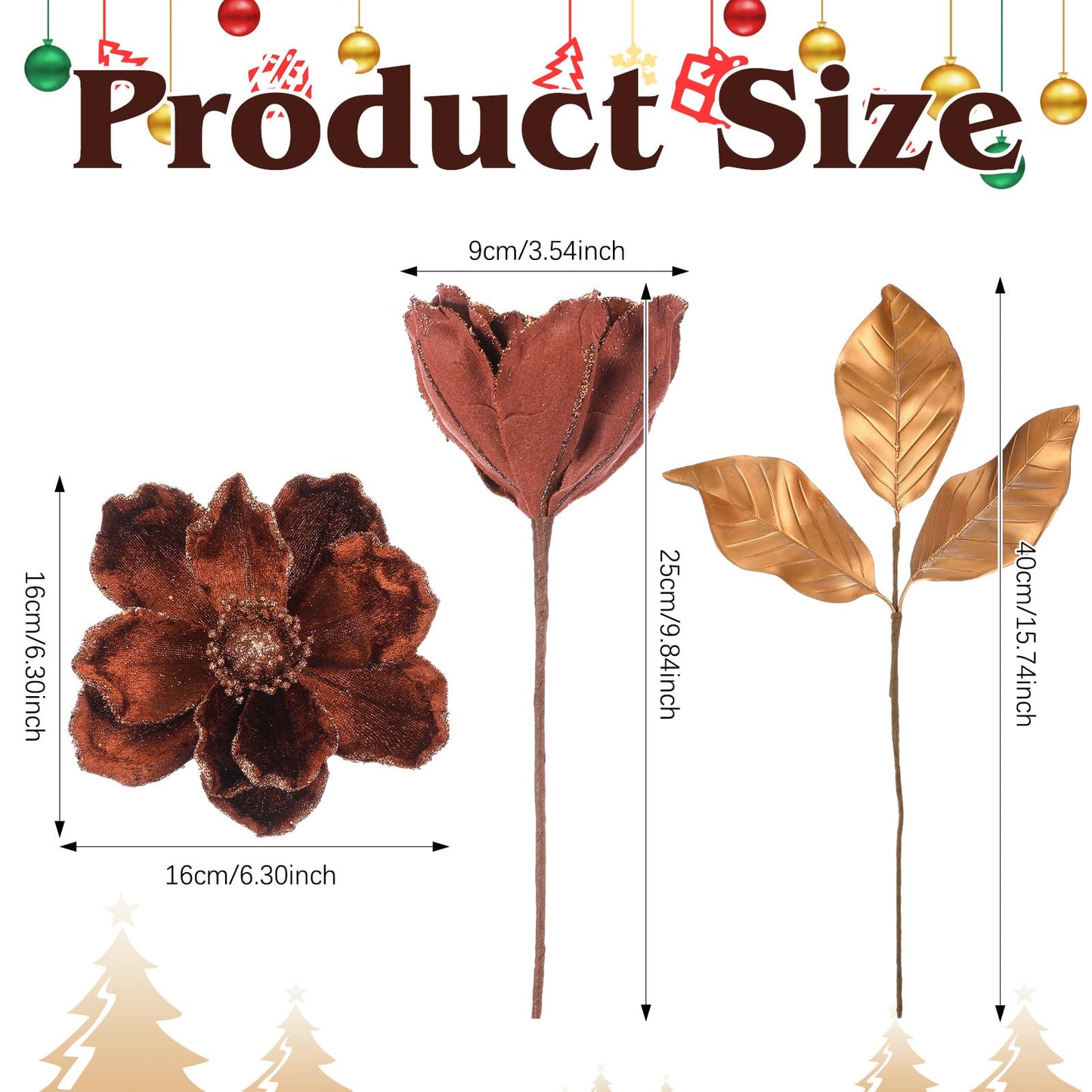 Thiccywoov 12 Pcs Christmas Magnolia Picks Set 6 Magnolia Flower 6 Golden Leaves Picks Glitter Artificial Flower for Christmas Tree Wreath Decor Floral Ornaments for Xmas Party Holiday(Brown)