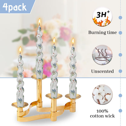 Printed Taper Candle Hyacinth Floral Spiral Candle Sticks 7.5 Inch Short Candlestick Handmade Twisted Candles for Home Wedding Holiday Decor Gifts Set of 4