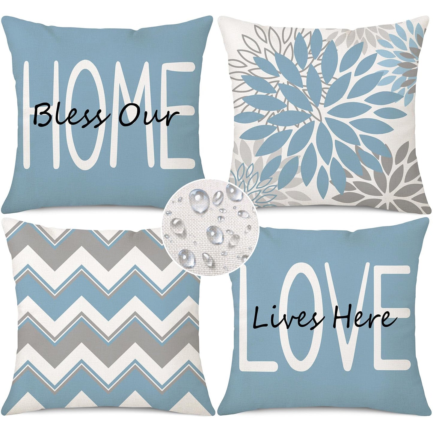 Coeufuedy Blue Outdoor Waterproof Throw Pillow Covers 18 x 18 Set of 4 Floral Geometric Bless Our Home Love Lives Here Decorative Cushion Case for Patio Furniture Bedroom Sofa Couch